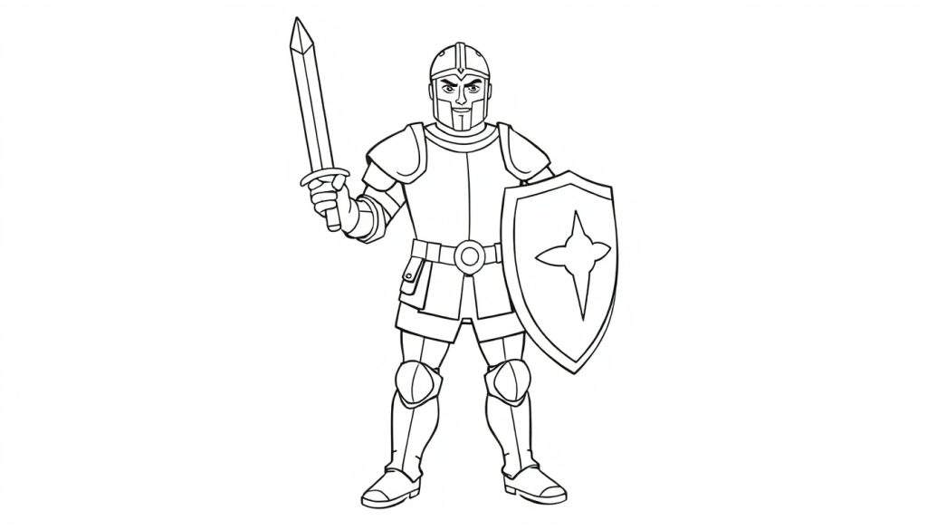 A brave cartoon knight in a black and white color panel, holding a sword and shield.