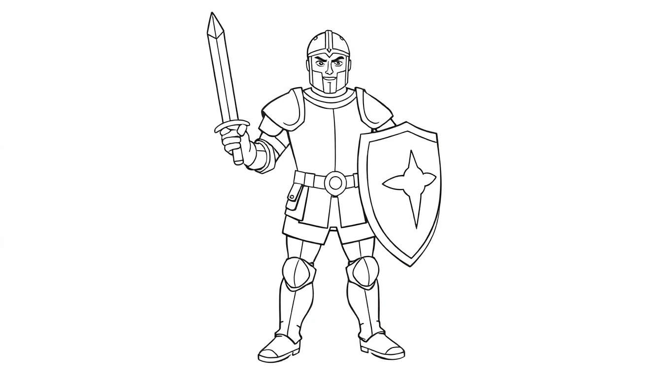 A brave cartoon knight in a black and white color panel, holding a sword and shield.