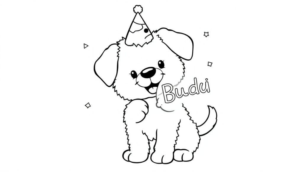 A black and white cartoon of a fluffy dog named Budi wearing a party hat, sitting with a raised paw. Part of a color panel.