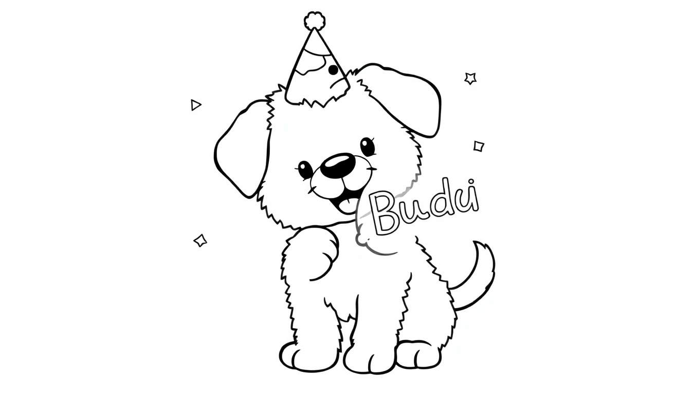 A black and white cartoon of a fluffy dog named Budi wearing a party hat, sitting with a raised paw. Part of a color panel.