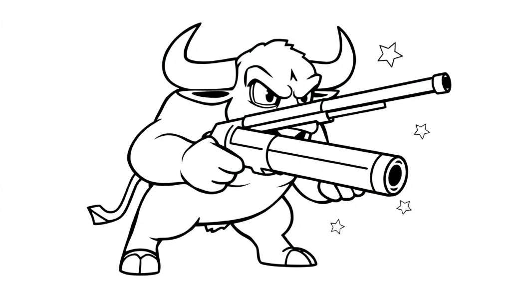 A fierce cartoon bull in a black and white line art color panel, holding a shotgun with stars around it.