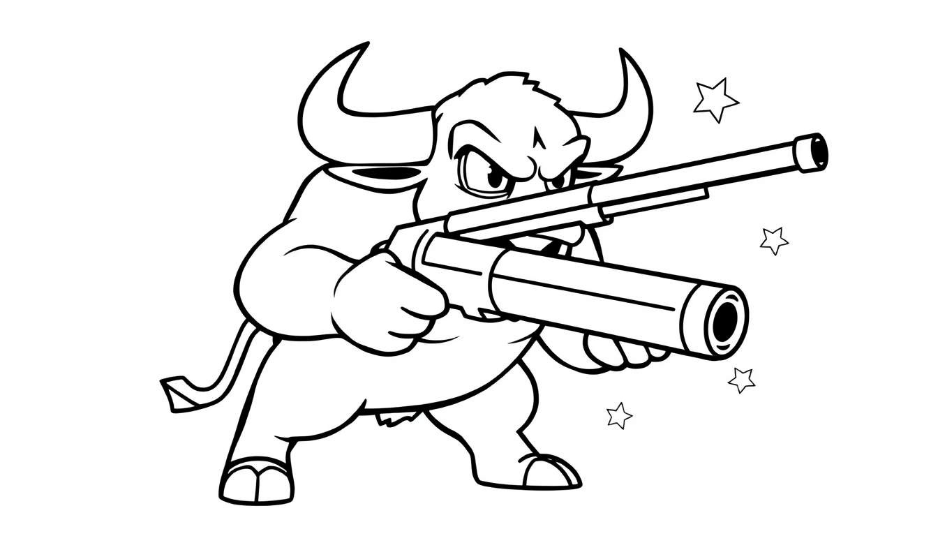 A fierce cartoon bull in a black and white line art color panel, holding a shotgun with stars around it.