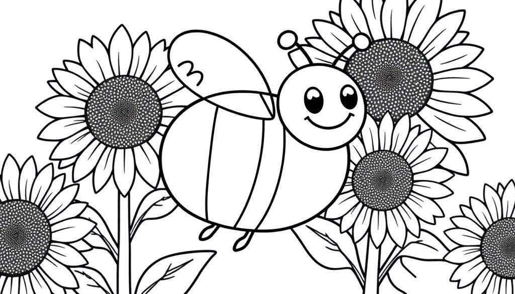 A cute cartoon bumblebee ready for a color panel, buzzing amongst cheerful sunflowers. This black and white coloring page is a fun activity.