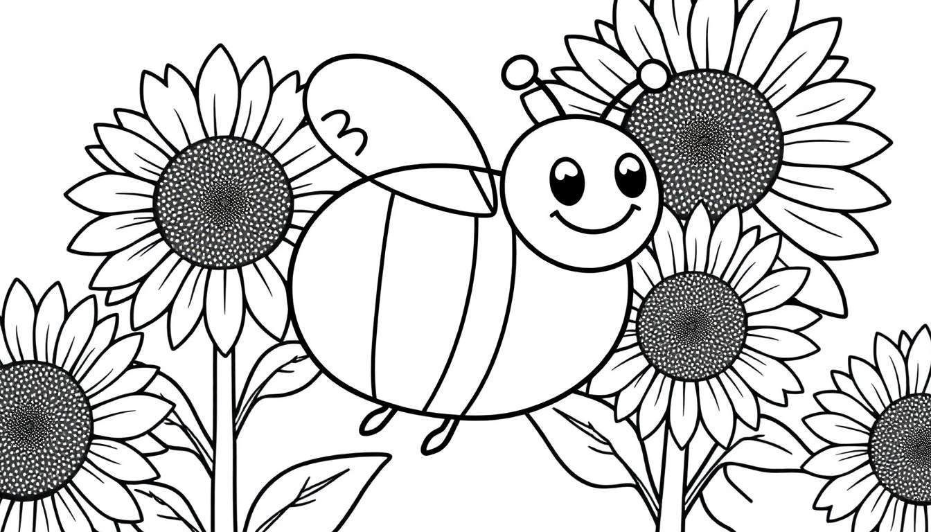 A cute cartoon bumblebee ready for a color panel, buzzing amongst cheerful sunflowers. This black and white coloring page is a fun activity.