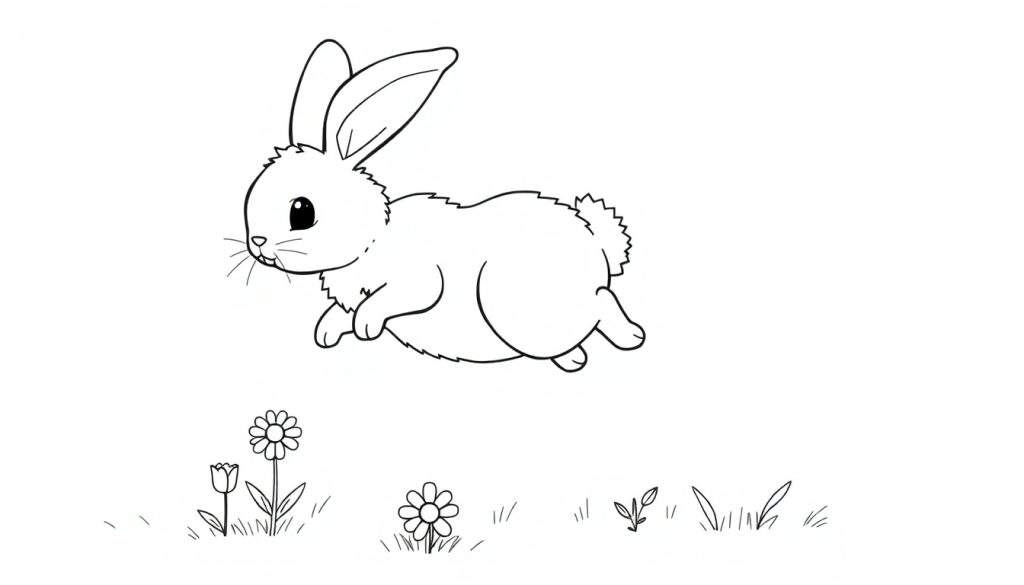 A cute bunny in a color panel jumping over flowers.