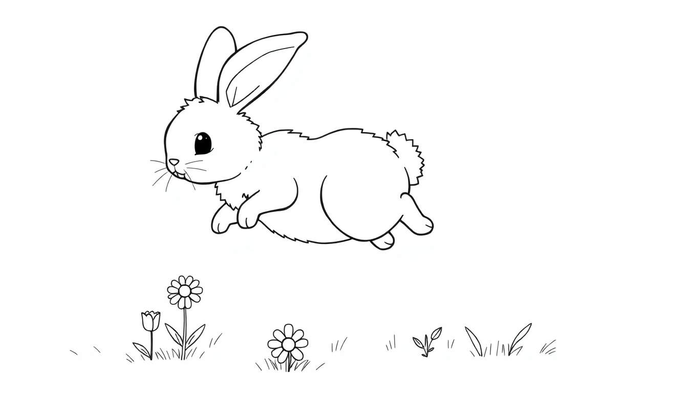 A cute bunny in a color panel jumping over flowers.