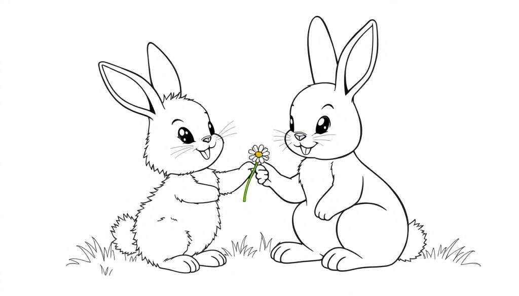 A fluffy bunny and a smooth-coated bunny holding a daisy in a black and white line drawing color panel.