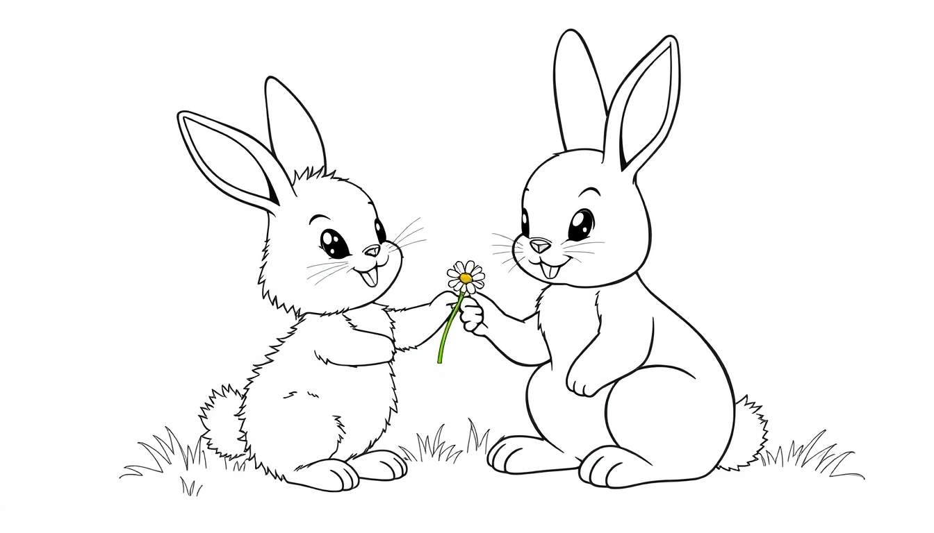 A fluffy bunny and a smooth-coated bunny holding a daisy in a black and white line drawing color panel.