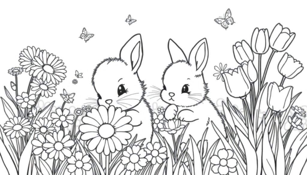 A cute black and white bunny color panel in a flower field with butterflies.