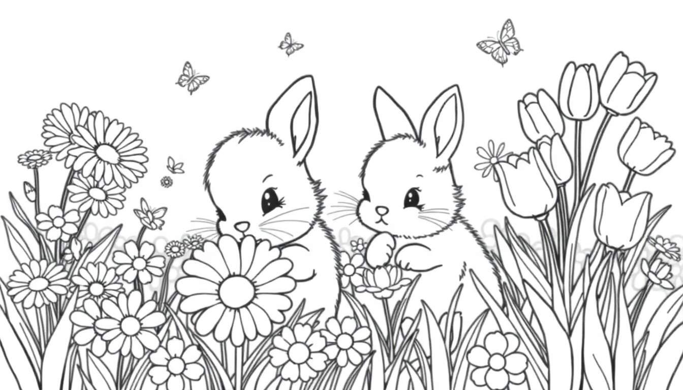 A cute black and white bunny color panel in a flower field with butterflies.