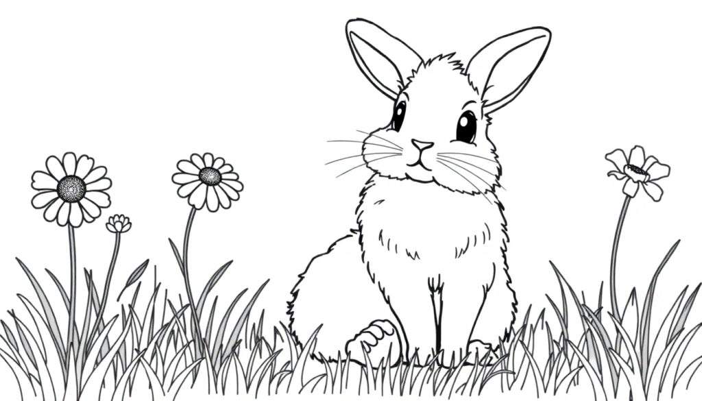 A black and white coloring panel of a cute bunny in a grassy meadow with flowers.