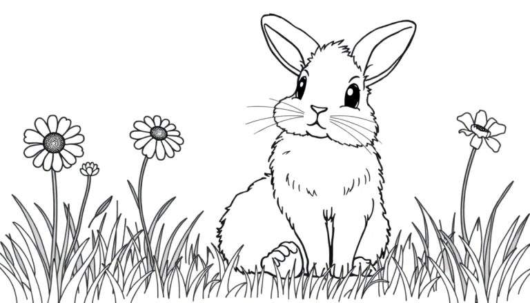 A black and white coloring panel of a cute bunny in a grassy meadow with flowers.