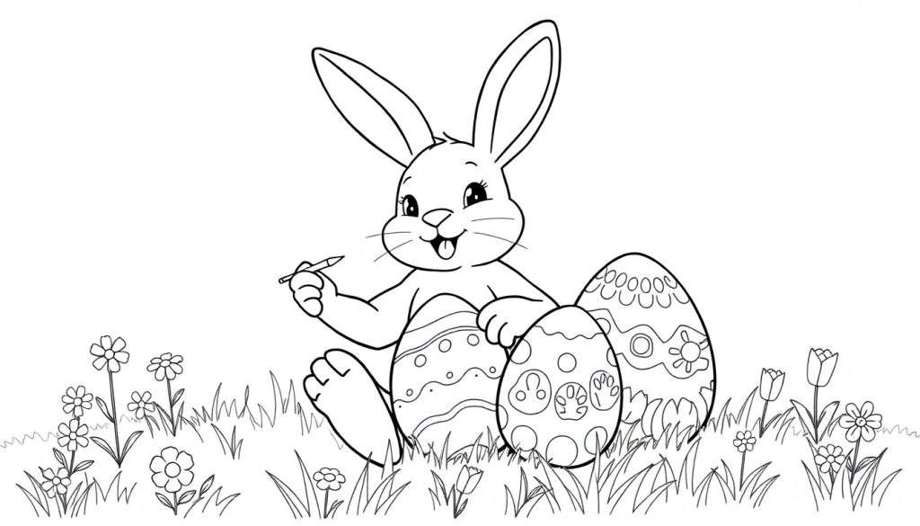Easter bunny painting eggs, a black and white color panel for kids.