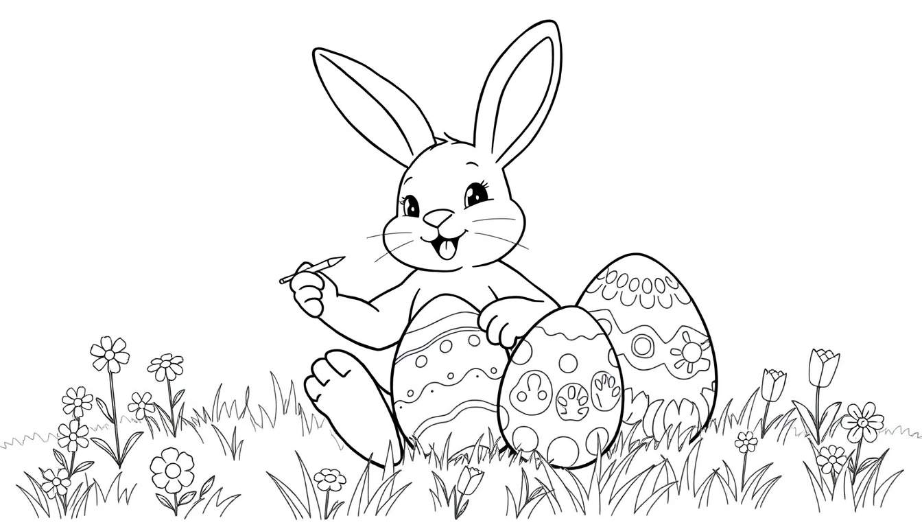 Easter bunny painting eggs, a black and white color panel for kids.