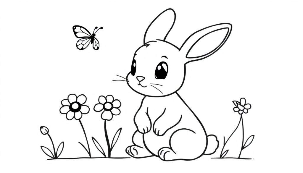 A black and white coloring panel of a cute bunny sitting among flowers with a butterfly.