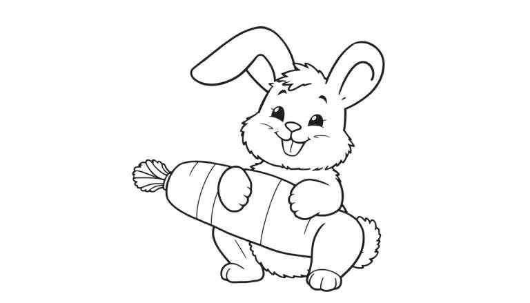 A cute black and white line drawing of a cartoon rabbit standing on its hind legs holding a big carrot, perfect for a color panel.