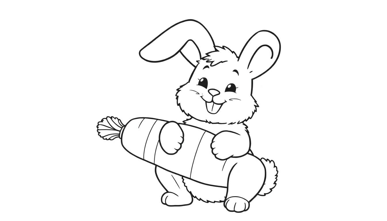 A cute black and white line drawing of a cartoon rabbit standing on its hind legs holding a big carrot, perfect for a color panel.
