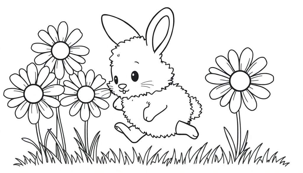 A cute bunny in a color panel drawing, ready to be colored, with daisies and grass.