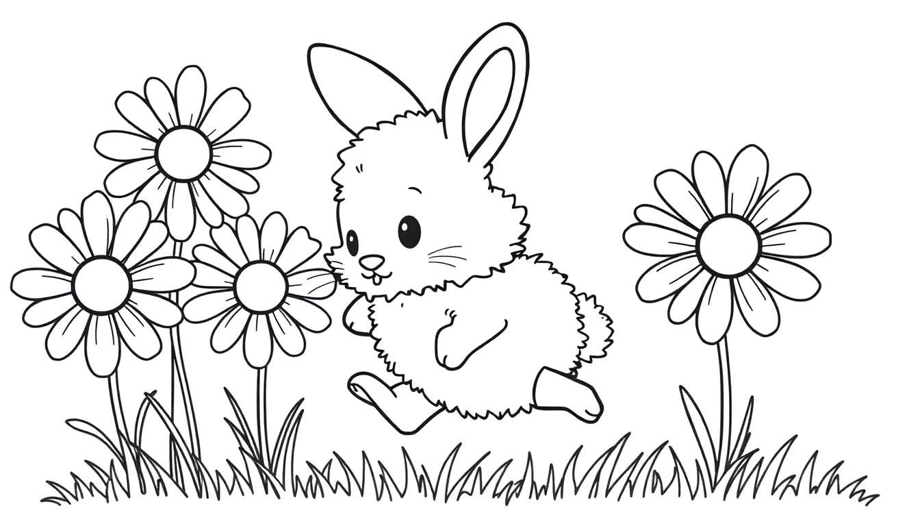 A cute bunny in a color panel drawing, ready to be colored, with daisies and grass.