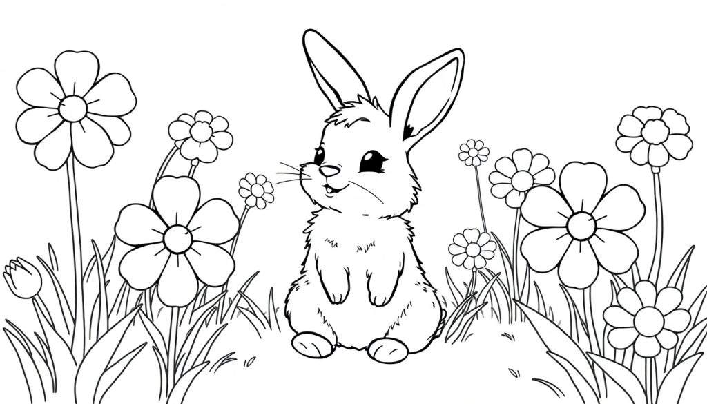 A cute baby bunny in a field of blooming flowers, black and white coloring panel.