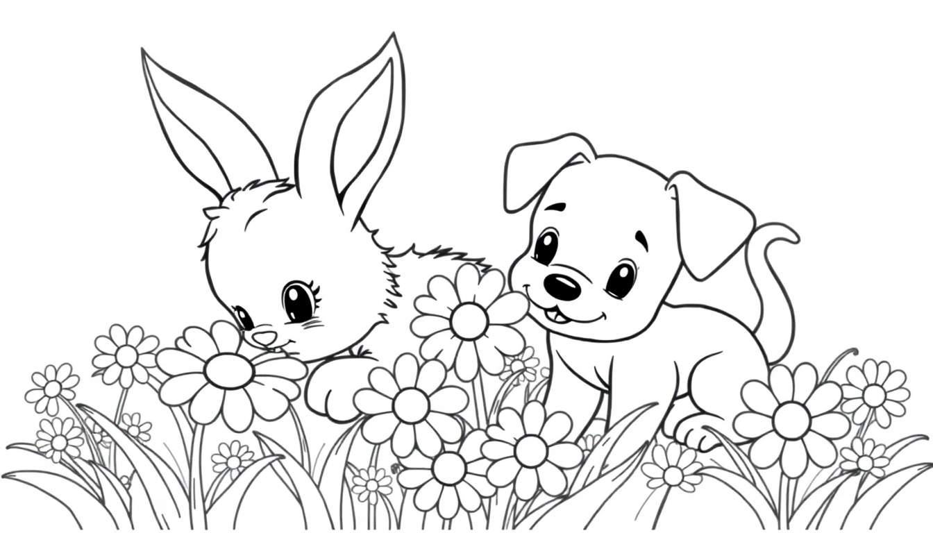 A fluffy baby bunny and a playful puppy are friends in a daisy field, perfect for a color panel adventure.