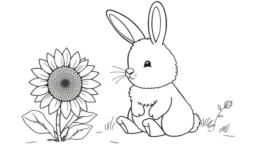 A cute bunny happily sniffing a big sunflower, presented as a black and white coloring panel.