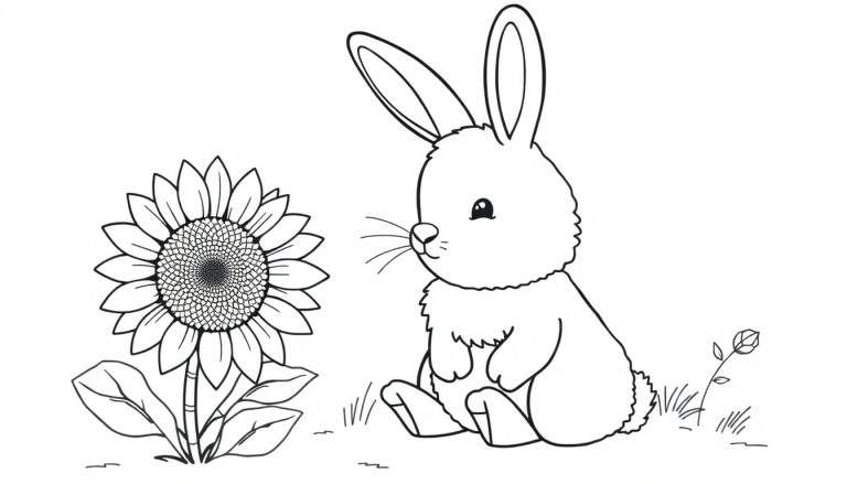 A cute bunny happily sniffing a big sunflower, presented as a black and white coloring panel.