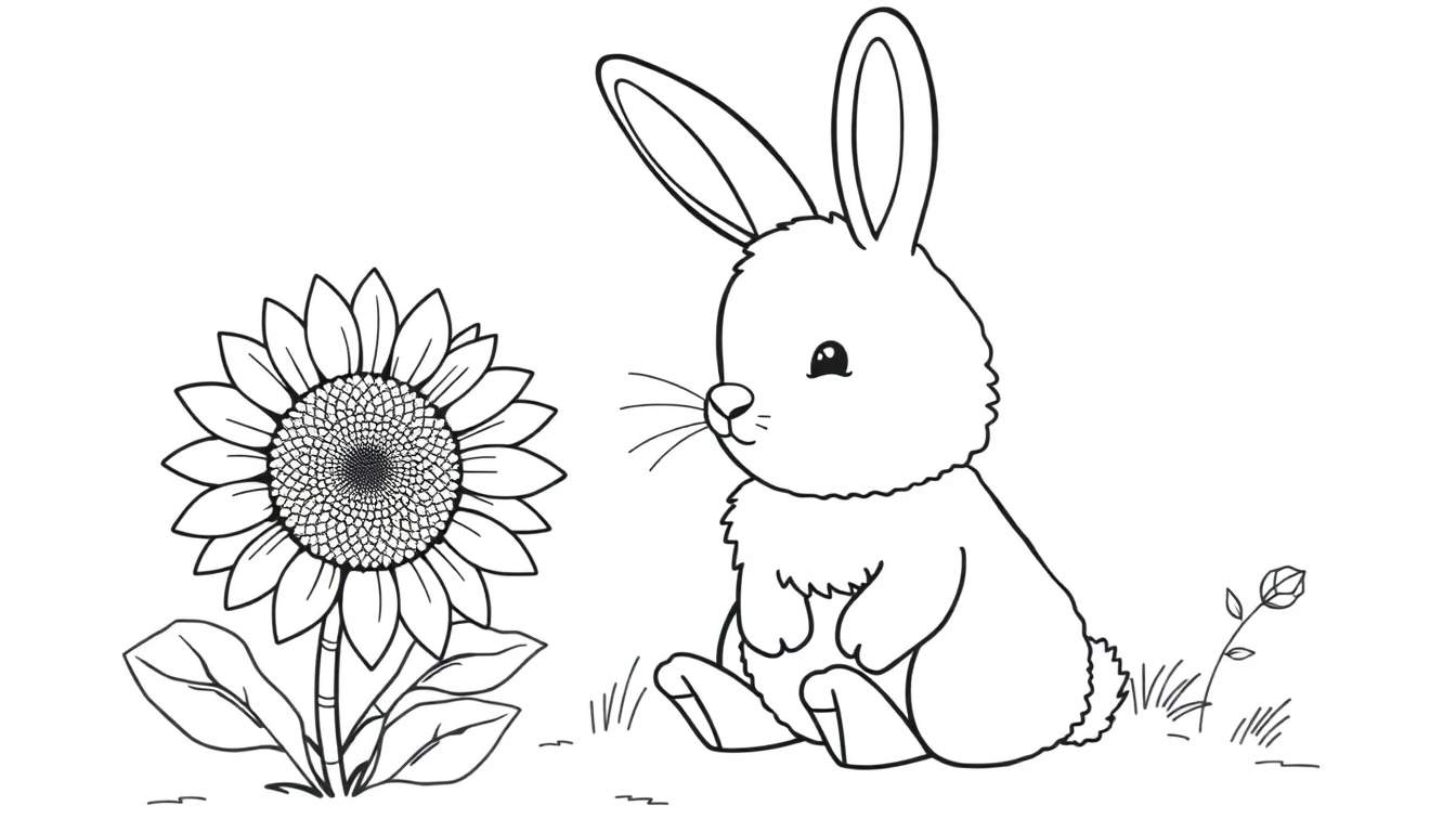 A cute bunny happily sniffing a big sunflower, presented as a black and white coloring panel.