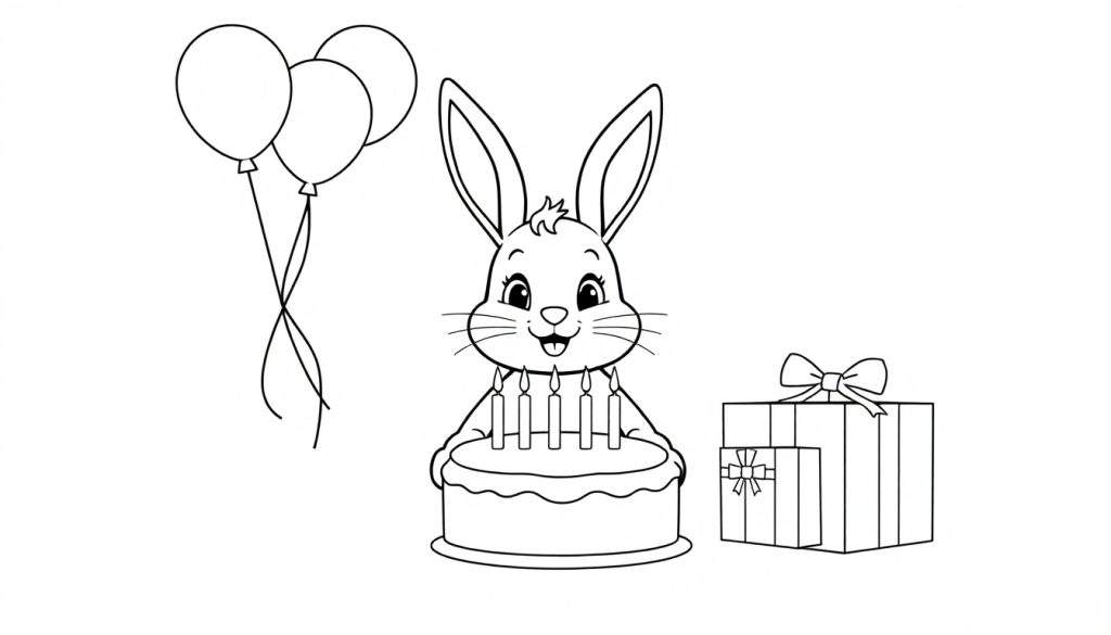 A cute bunny holding a birthday cake with five candles, surrounded by balloons and presents, ready for coloring in this black and white color panel.