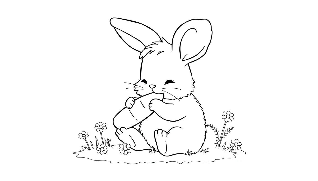 A cute bunny rabbit in a color panel, happily munching on a carrot surrounded by flowers.
