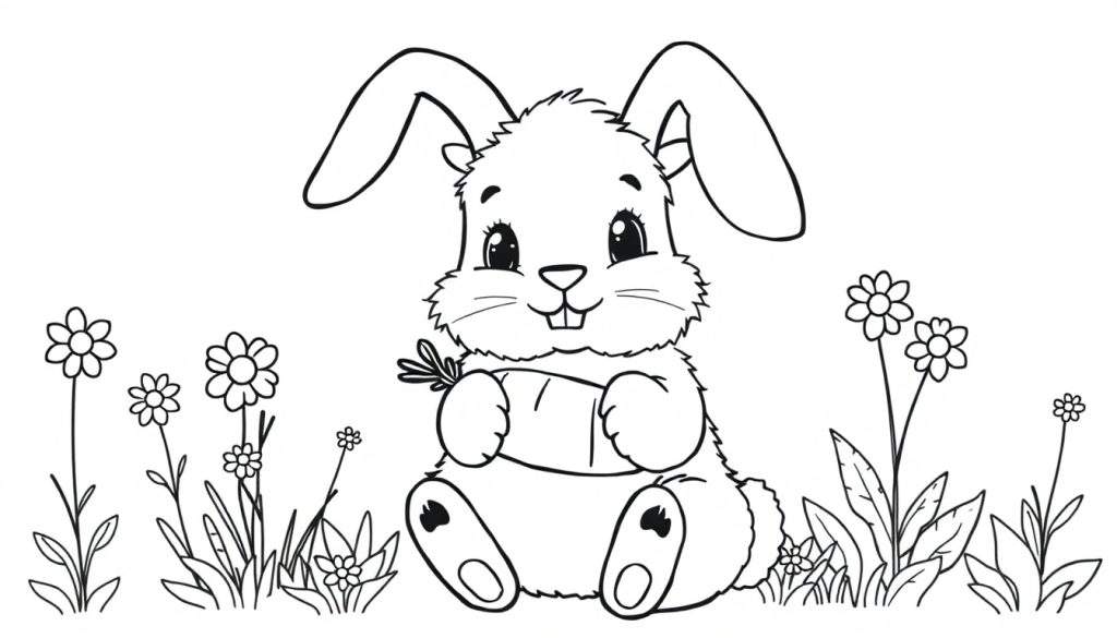 A black and white outline of a cute bunny holding a carrot, ready for the color panel.