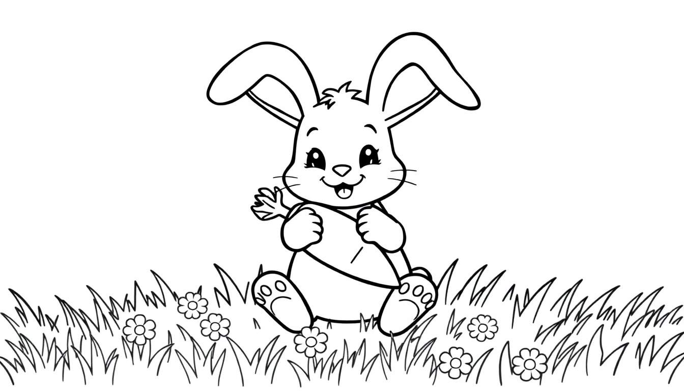 A cute bunny on a coloring panel, holding a carrot.