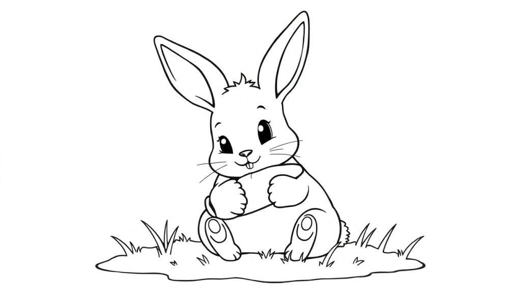 A cute cartoon bunny with big ears, sitting on grass, ready for a color panel.