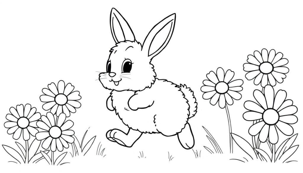 A black and white coloring page of a fluffy bunny running in a field of daisies, perfect for a fun color panel activity.