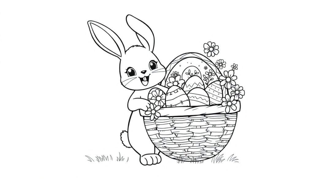 A cute bunny coloring panel holding a basket of Easter eggs and flowers.