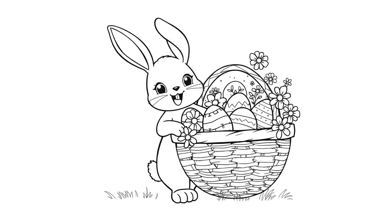 A cute bunny coloring panel holding a basket of Easter eggs and flowers.