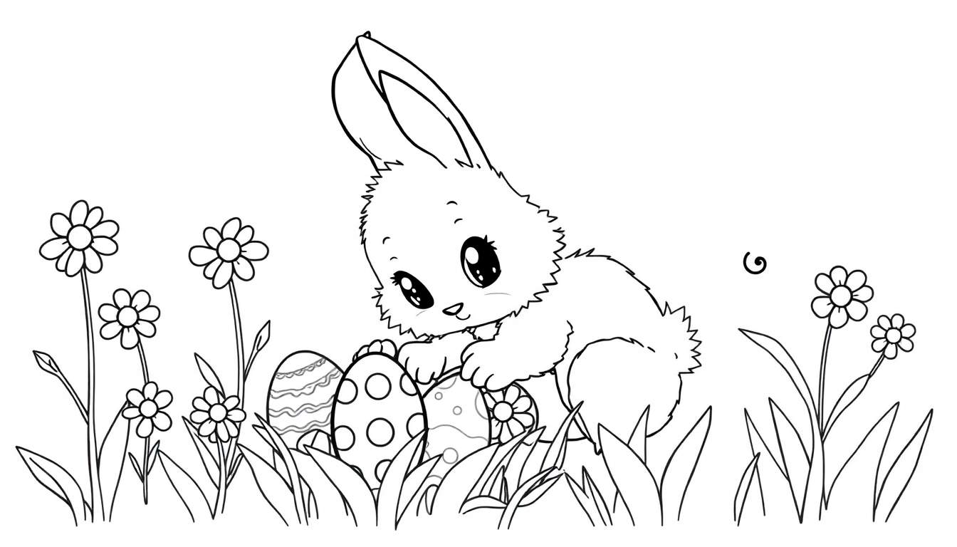 A cute bunny coloring panel with Easter eggs and flowers.