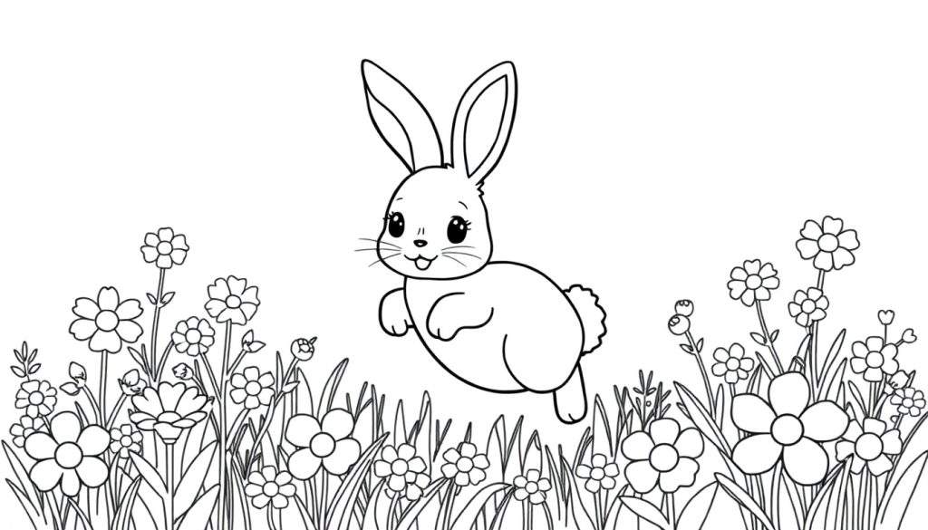 A cute cartoon bunny with big ears and a fluffy tail, sitting amongst flowers, ready for a color panel adventure.