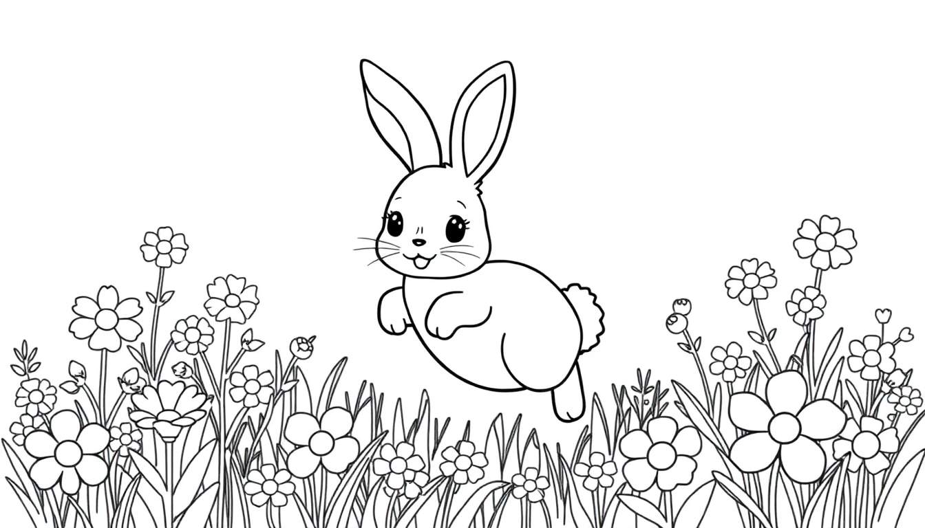 A cute cartoon bunny with big ears and a fluffy tail, sitting amongst flowers, ready for a color panel adventure.