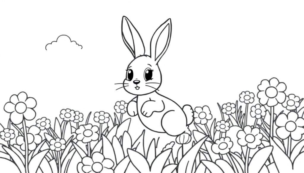 A black and white line drawing of a cute bunny in a flower field, perfect for a color panel.