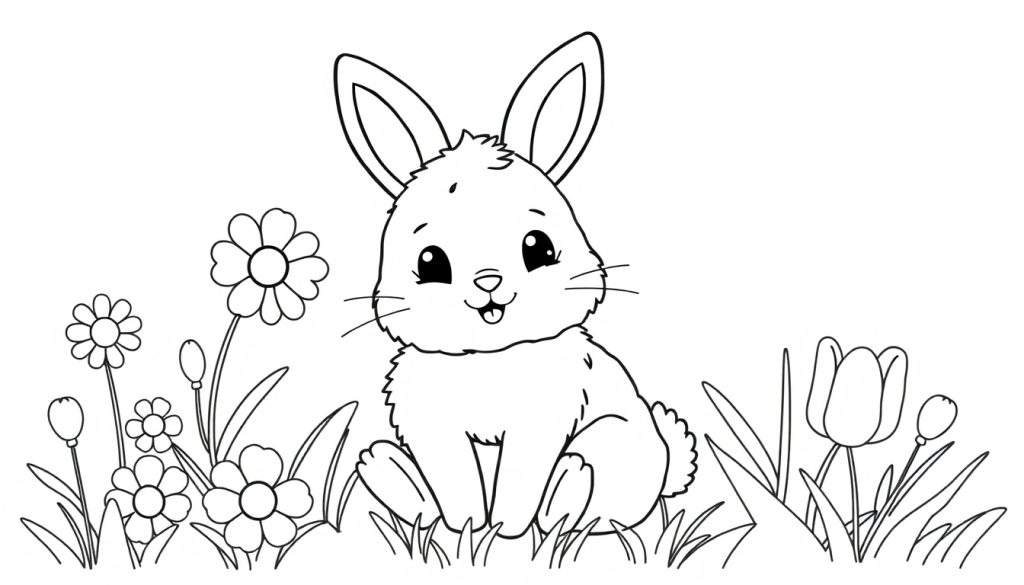 A cute bunny in a flower field color panel, ready for coloring.