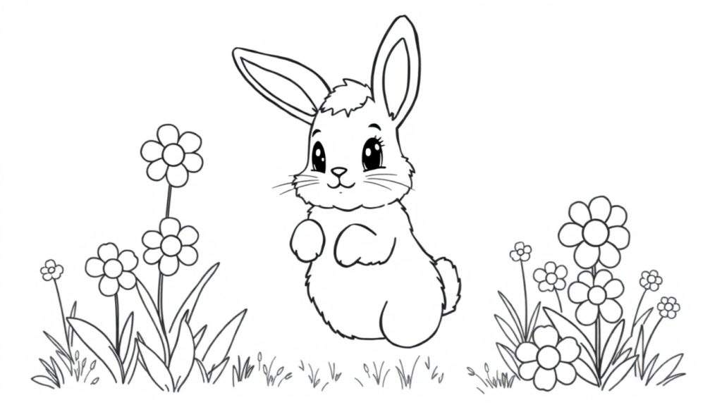 A cute bunny with long ears and big eyes is standing in a field of flowers, ready for a color panel adventure.