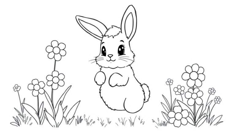 A cute bunny with long ears and big eyes is standing in a field of flowers, ready for a color panel adventure.