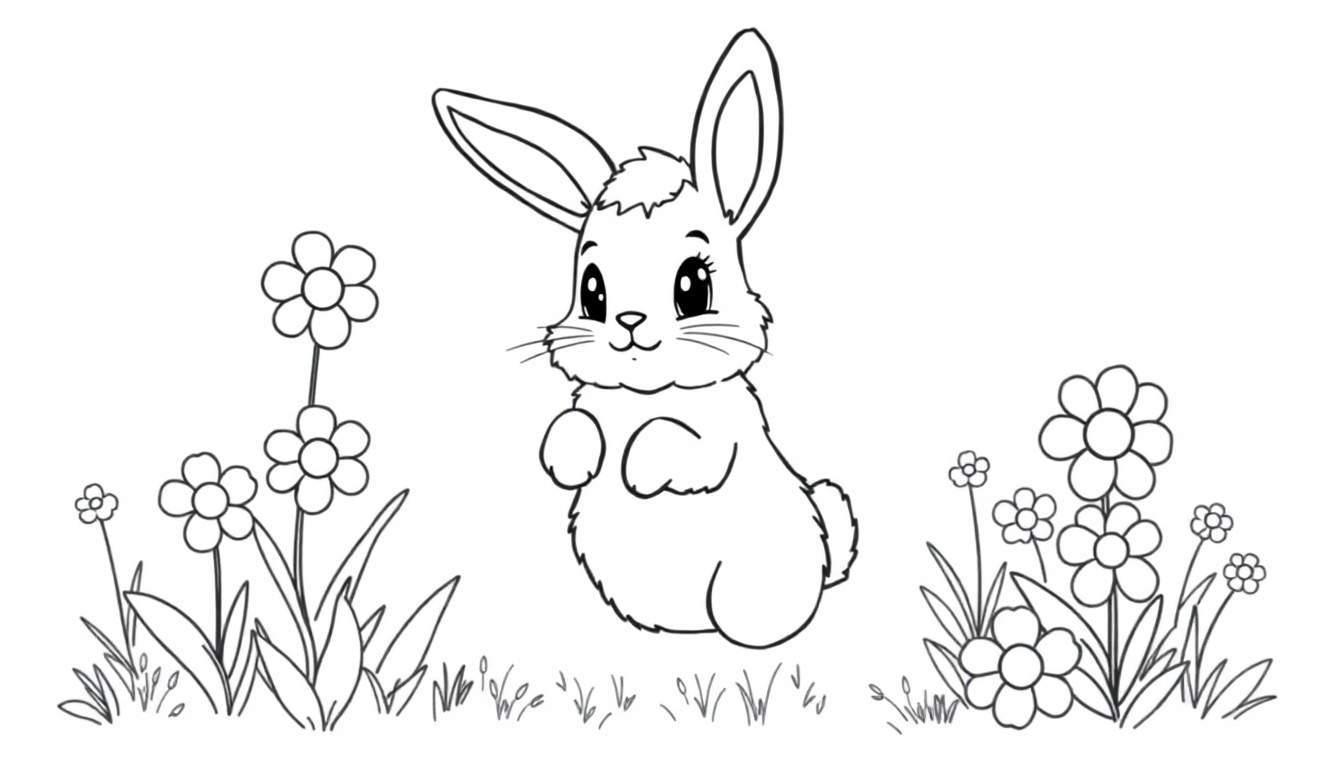 A cute bunny with long ears and big eyes is standing in a field of flowers, ready for a color panel adventure.