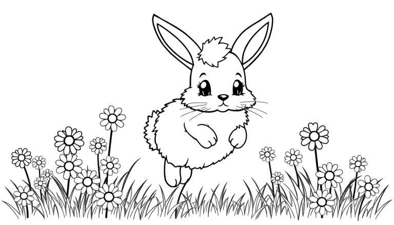 A cute bunny in a black and white color panel, hopping through flowers.