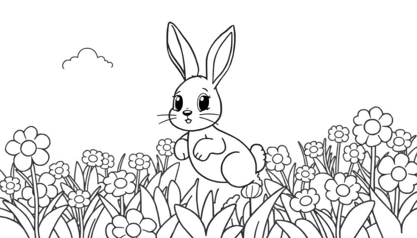 A black and white line drawing of a cute bunny in a flower field, perfect for a color panel.