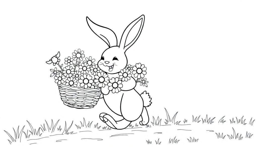 A smiling rabbit with long ears and a basket of flowers, ready for a color panel.