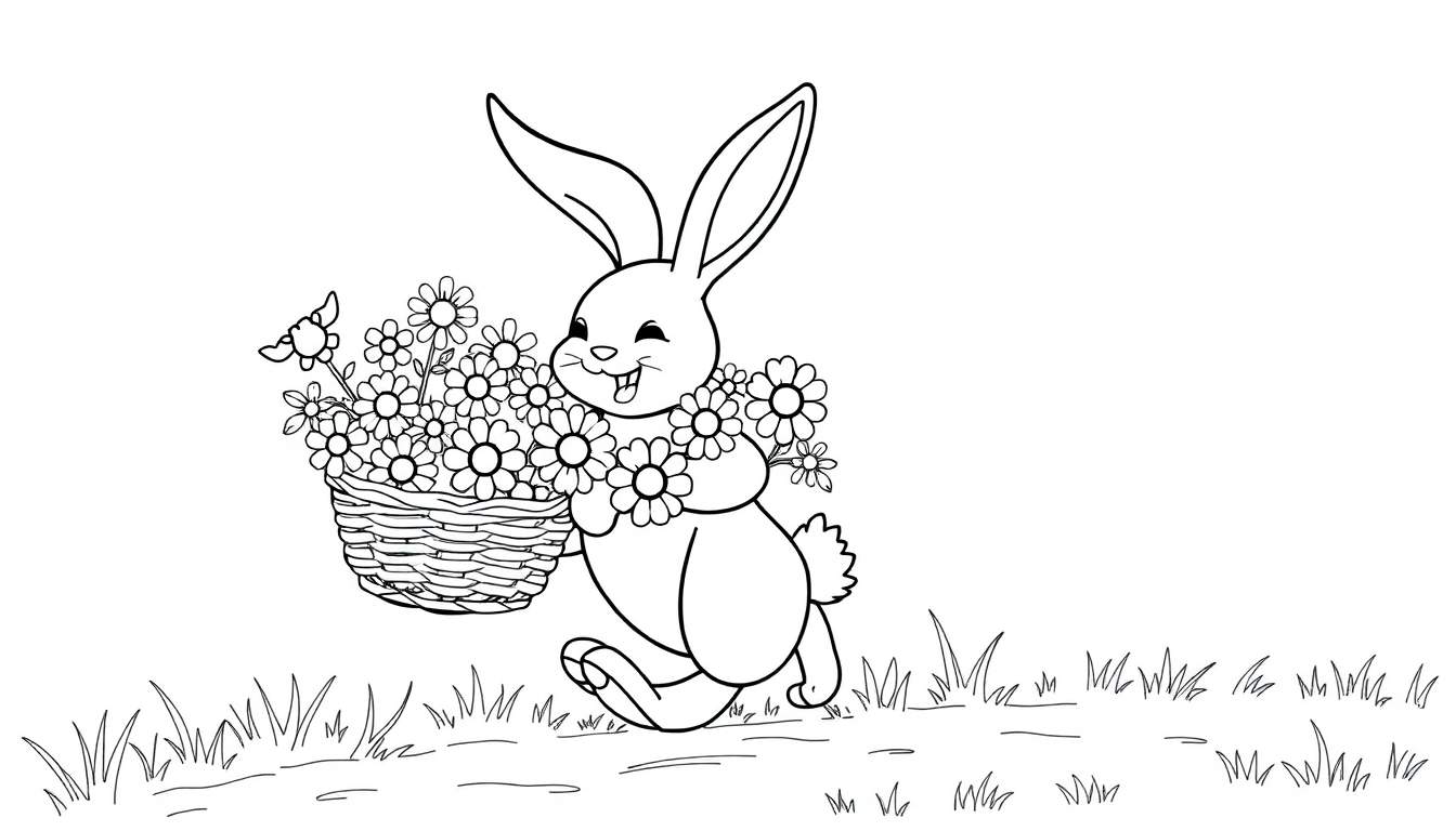 A smiling rabbit with long ears and a basket of flowers, ready for a color panel.
