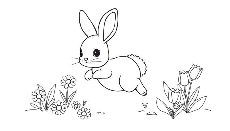 A cute bunny hopping through a field of flowers on a sunny spring day, a black and white color panel.