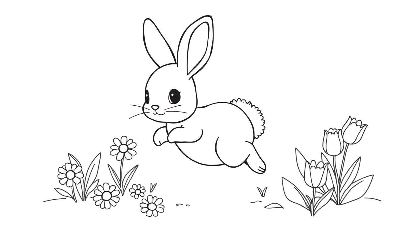 A cute bunny hopping through a field of flowers on a sunny spring day, a black and white color panel.